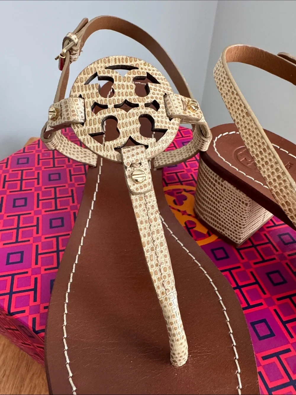Tory Burch Mini Miller 45MM Stacked Heel Sandal - Micro Tejus Print, Size 8.5